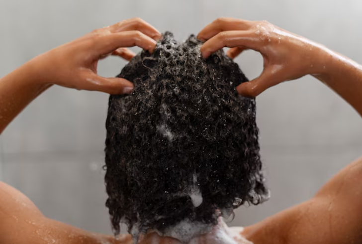Person gently washing curly hair